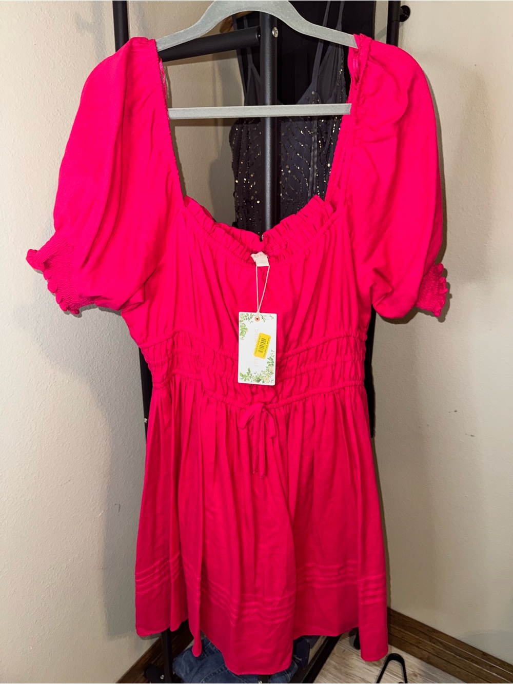 Chelsea & Violet Hot Pink Puff-Sleeve Smocked-Waist Tunic